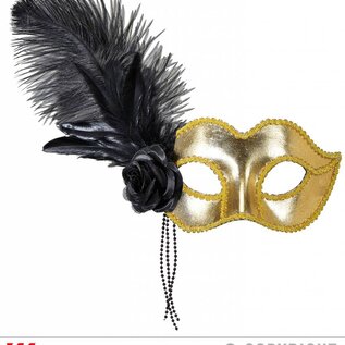 Nieuw2015-2016 Gouden Venetiaans oogmasker met roos en steentje en veertjes