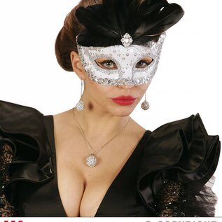 Nieuw2015-2016 Zilveren oogmasker met steentjes en zwarte veren