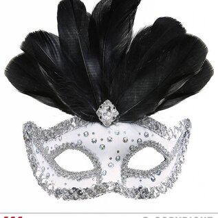 Nieuw2015-2016 Zilveren oogmasker met steentjes en zwarte veren