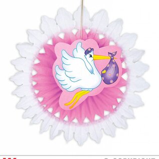 Pk 12 "PINK STORK WITH BABY PAPER FAN" 50 cm