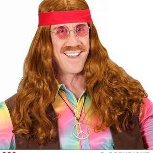 Pk  4  "HIPPIE WIG WITH RED HEADBAND & MOUSTACHE" in polybag