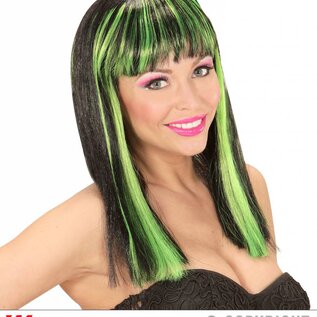 Pk  4 "NEON GREEN STREAKED BLACK PATSY WIG" in polybag