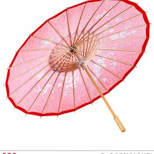 Pk  6 "DECORATED RED RICE PAPER ORIENTAL PARASOL WITH WOODEN STRUCTURE" ø 84 cm