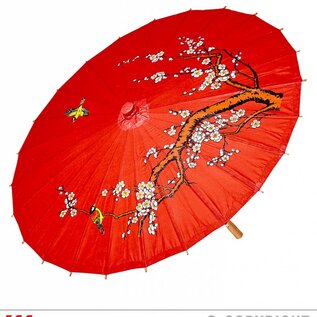 Pk  6 "DECORATED RED RICE PAPER ORIENTAL PARASOL WITH WOODEN STRUCTURE" ø 84 cm