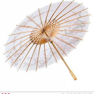 Pk  6 "DECORATED WHITE RICE PAPER ORIENTAL PARASOL WITH WOODEN STRUCTURE" ø 76 cm - 4 colors ass.