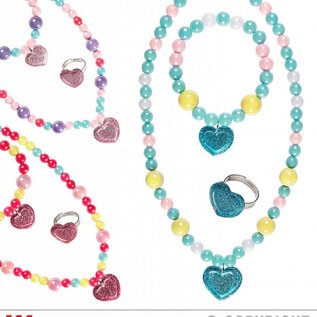 Pk 12 "GLITTER HEART BEADED NECKLACE, BRACELET & RING" 3 colors ass.