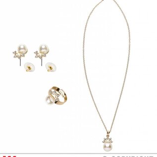 Pk  6 "GOLD STRASS CROWN PEARL NECKLACE, EARRINGS & RING"