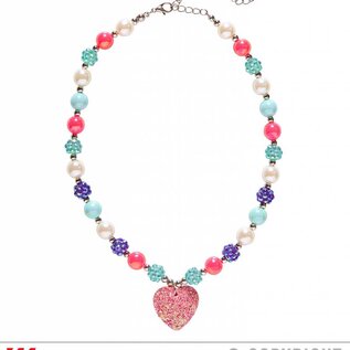 Pk  6 "PINK GLITTER HEART BEADED NECKLACE"