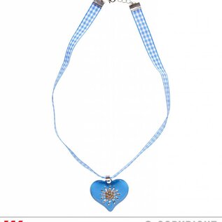 Pk 12 "AZURE-WHITE CHECKERED RIBBON NECKLACE WITH STRASS EDELWEISS HEART"