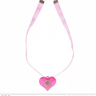 Pk 12 "PINK-WHITE CHECKERED RIBBON NECKLACE WITH STRASS EDELWEISS HEART"
