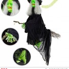 Sound sensor activated "NEON ANIMATED & TALKING FLYING WITCH ON BROOM WITH TURNING HEAD AND GREEN FLASHING LIGHT EYES" 155 cm - speaks 5 differe