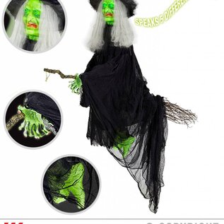 Sound sensor activated "NEON ANIMATED & TALKING FLYING WITCH ON BROOM WITH TURNING HEAD AND GREEN FLASHING LIGHT EYES" 155 cm - speaks 5 differe