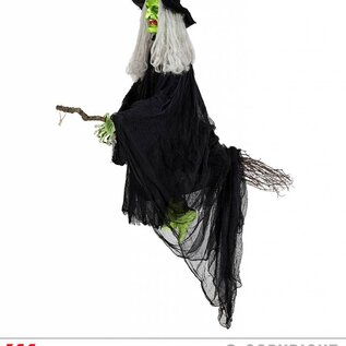 Sound sensor activated "NEON ANIMATED & TALKING FLYING WITCH ON BROOM WITH TURNING HEAD AND GREEN FLASHING LIGHT EYES" 155 cm - speaks 5 differe