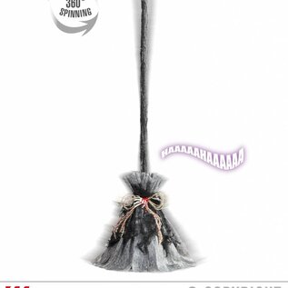 Pk  6 Sound sensor activated "ANIMATED WITCH BROOM WITH SPINNING MOTION, GHOSTLY SOUNDS & EVIL LAUGHTER" 73 cm - with "TRY ME" function