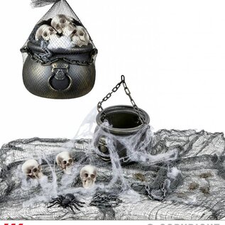 Pk  6 "HALLOWEEN DECORATIVE SET" (cauldron, 3 skulls, spiderweb & spider, chain and freaky fabric)