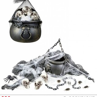 Pk  6 "HALLOWEEN DECORATIVE SET" (cauldron, 3 skulls, spiderweb & spider, chain and freaky fabric)
