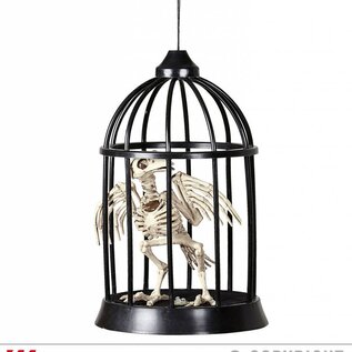 Pk  4 Sound sensor activated "CROW SKELETON IN CAGE WITH COLOR CHANGING LED LIGHT, GHOSTLY SOUNDS, EVIL LAUGHTER AND CAW" 34 cm - with "TRY ME" functi