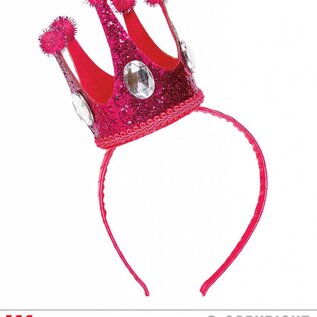 Pk 12 "PINK MINI GLITTER CROWNS WITH GEMS ON HEADBAND"