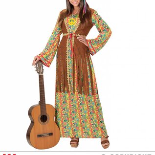"HIPPIE WOMAN" (dress with vest, peace sign necklace)