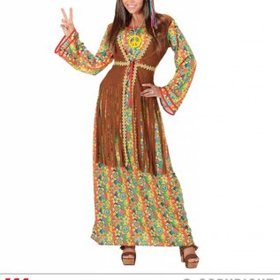 "HIPPIE WOMAN" (dress with vest, peace sign necklace)