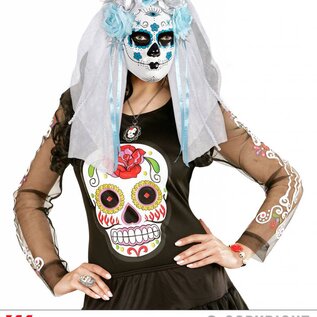Pk  4 "DIA DE LOS MUERTOS MASK DECORATED WITH WHITE LACE VEIL, RIBBONS AND AZURE & SILVER ROSES"