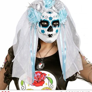 Pk  4 "DIA DE LOS MUERTOS MASK DECORATED WITH WHITE LACE VEIL, RIBBONS AND AZURE & SILVER ROSES"