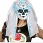 Pk  4 "DIA DE LOS MUERTOS MASK DECORATED WITH WHITE LACE VEIL, RIBBONS AND AZURE & SILVER ROSES"