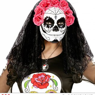 Pk  4 "DIA DE LOS MUERTOS MASK DECORATED WITH BLACK LACE VEIL & PINK ROSES"
