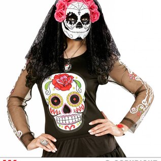 Pk  4 "DIA DE LOS MUERTOS MASK DECORATED WITH BLACK LACE VEIL & PINK ROSES"