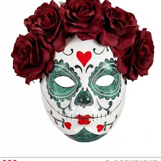 Pk  4 "DIA DE LOS MUERTOS GLITTER MASK DECORATED WITH BURGUNDY ROSES"