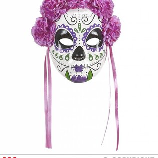 Pk  4 "DIA DE LOS MUERTOS MASK DECORATED WITH PURPLE ROSES & RIBBONS"