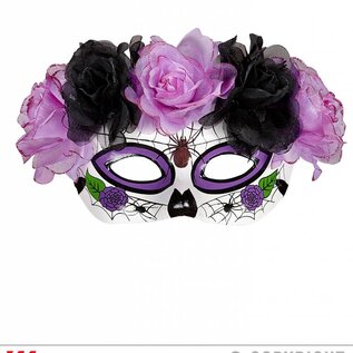 Pk  6 "DIA DE LOS MUERTOS EYEMASK DECORATED WITH GLITTER PURPLE & BLACK ROSES"