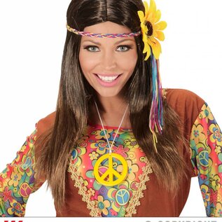 Pk  4 BROWN "HIPPIE WIG WITH MULTICOLORED SUNFLOWER HEADBAND" IN POLYBAG