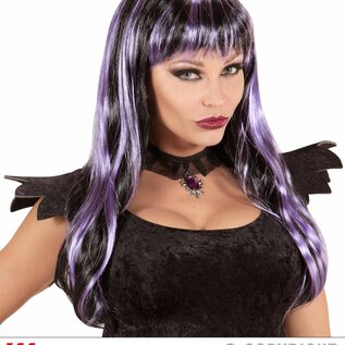 Pk  6 "PURPLE STREAKED BLACK HALLOWEEN WIG" in polybag