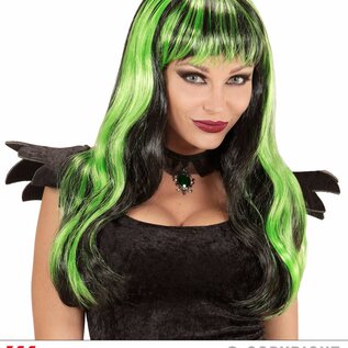 Pk  6 "GREEN STREAKED BLACK HALLOWEEN WIG" in polybag