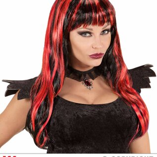 Pk  6 "RED STREAKED BLACK HALLOWEEN WIG" in polybag