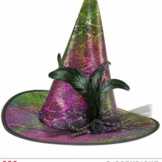 Pk  6 "HOLOGRAPHIC WITCH HAT WITH FLOWER BOW, TULLE & FEATHERS"