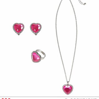 Pk  6 "STRASS PINK GEM HEART NECKLACE, EARRINGS & RING"