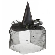 Halloweenaccessoires heksenhoed met tulle bloem en veren