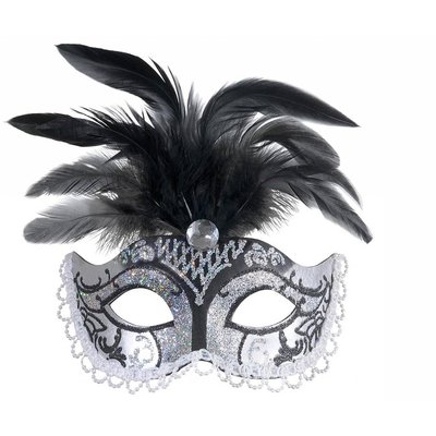 Halloweenaccessoires oogmasker zwart/zilver glitter met diamant en veren