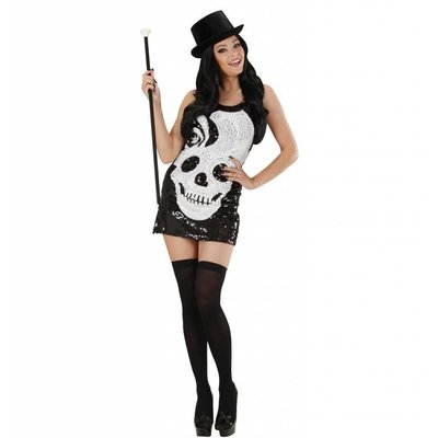 Halloweenkleding paillettenjurkje met grote schedel afdruk