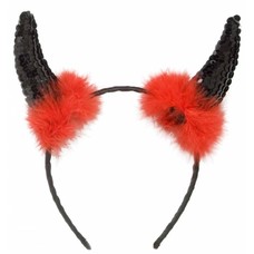 Halloweenaccessoires zwarte duivelhoorn pailetten met marabou