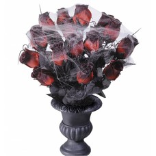 Halloweenaccessoires vaas met 15 rode rozen en spinneweb
