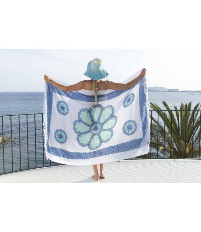 Pareo Flower white turquoise blue 160x110cm
