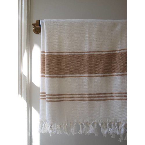 Ottomania hamamdoek Honingraat wit met camel strepen 170x100cm