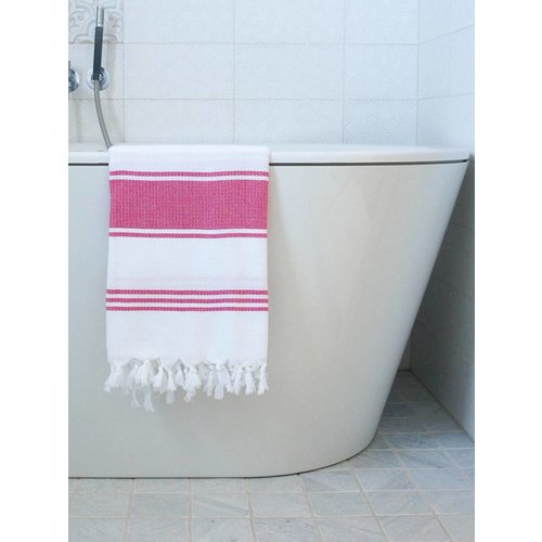 Ottomania hamamdoek Honingraat wit met fuchsia strepen 170x100cm