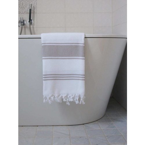 Ottomania hamamdoek Honingraat wit met grijsbeige strepen 170x100cm