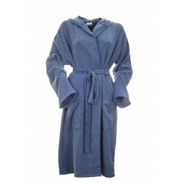Zoek je een sauna (Tip) Bestel Sauna badjas Stone denim blue maat M eenvoudig online Hamamdoeken.com