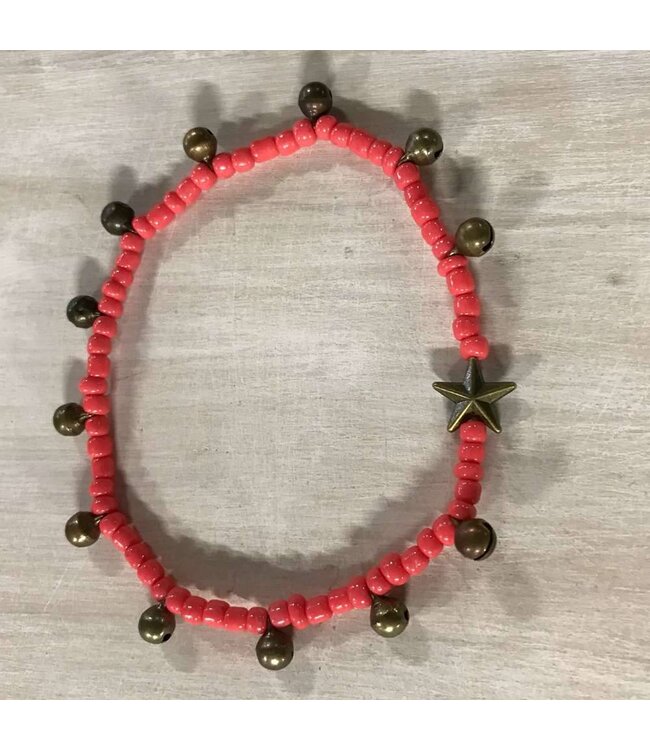 anklet Star & Bells coral - enkelbandje