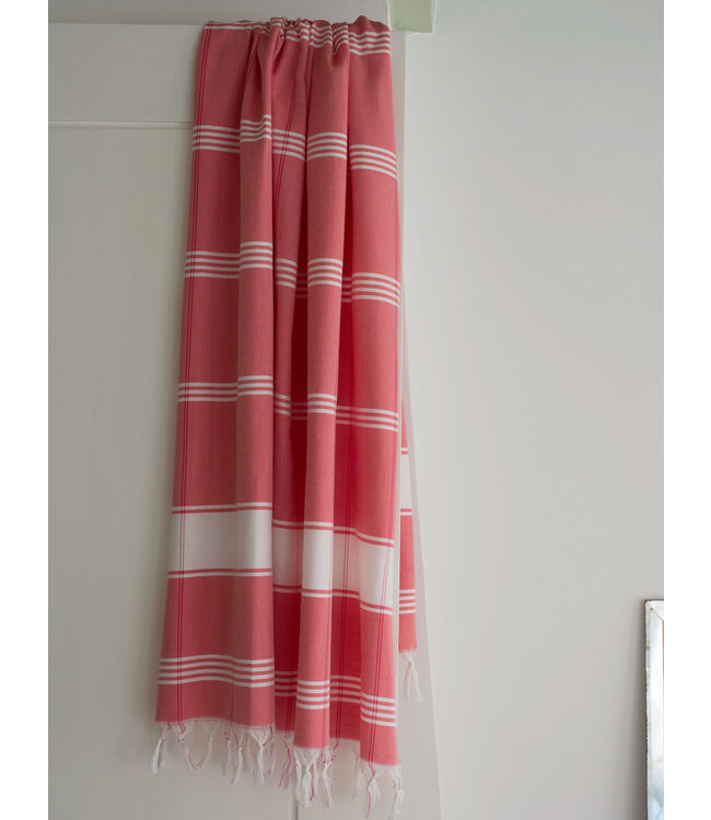 organic hamamdoek biokatoen koraalrood wit 170x100cm